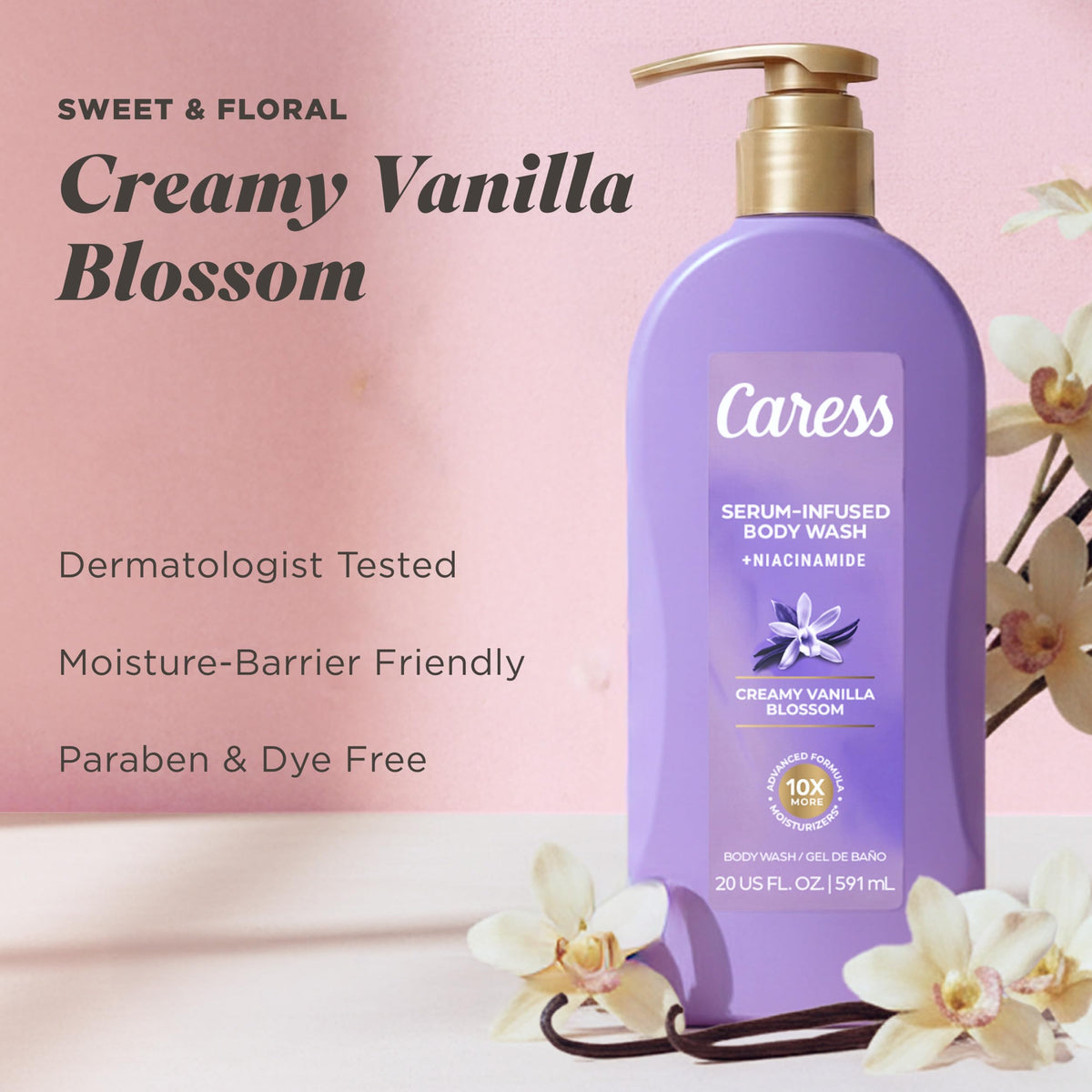 Close-up of fragrance notes on bottle highlighting vanilla and lingering scent benefit