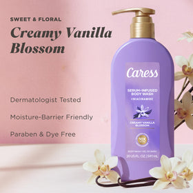 Close-up of fragrance notes on bottle highlighting vanilla and lingering scent benefit