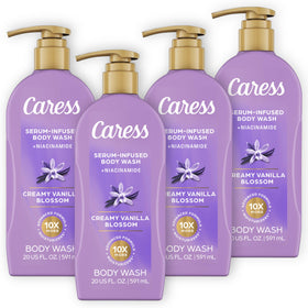 Caress front packaging showing bottle and warm vanilla blossom fragrance benefit
