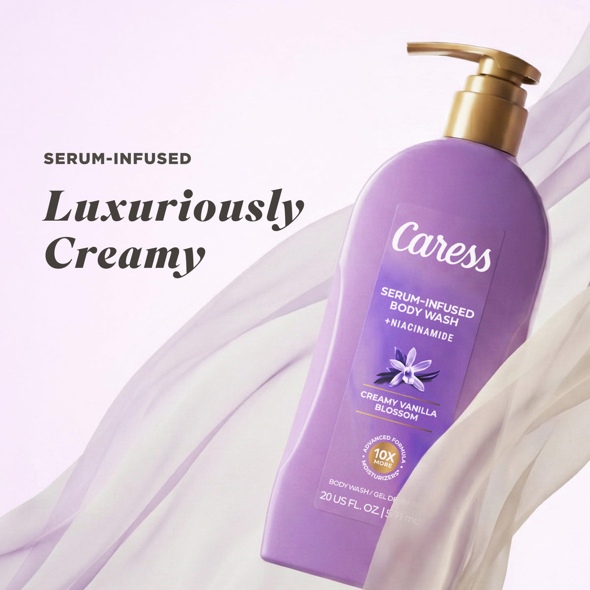 Caress bottle on bathroom vanity for a lifestyle scene showing everyday luxury benefit