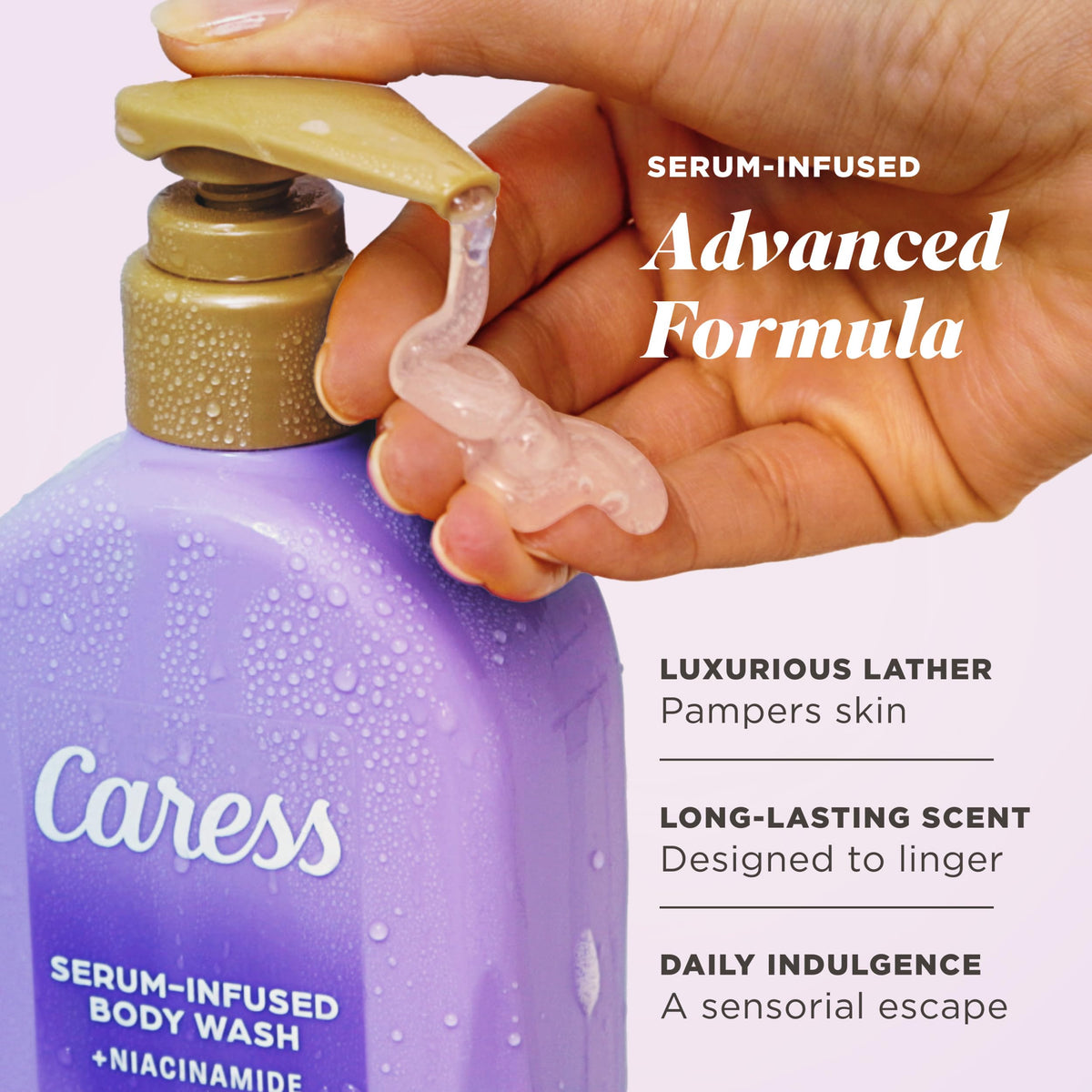 Caress pump dispenser being pressed for easy single-handed use and controlled dosing