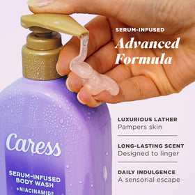 Caress pump dispenser being pressed for easy single-handed use and controlled dosing