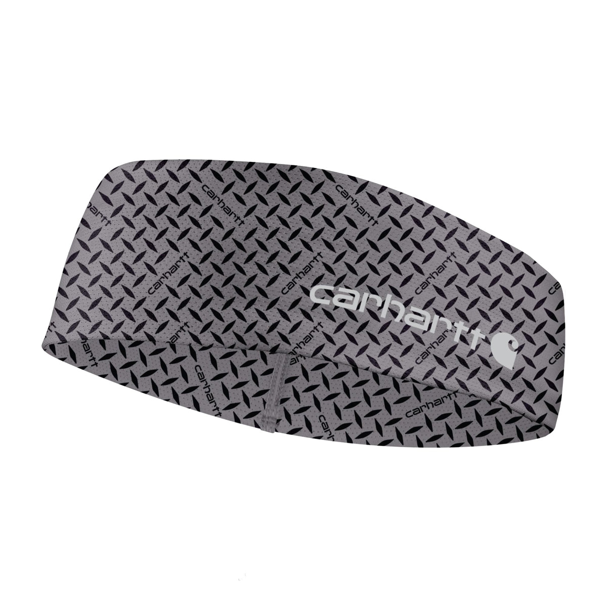 Carhartt headband front view showing steel plate print and breathable fabric benefit