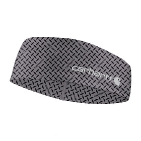 Carhartt headband front view showing steel plate print and breathable fabric benefit