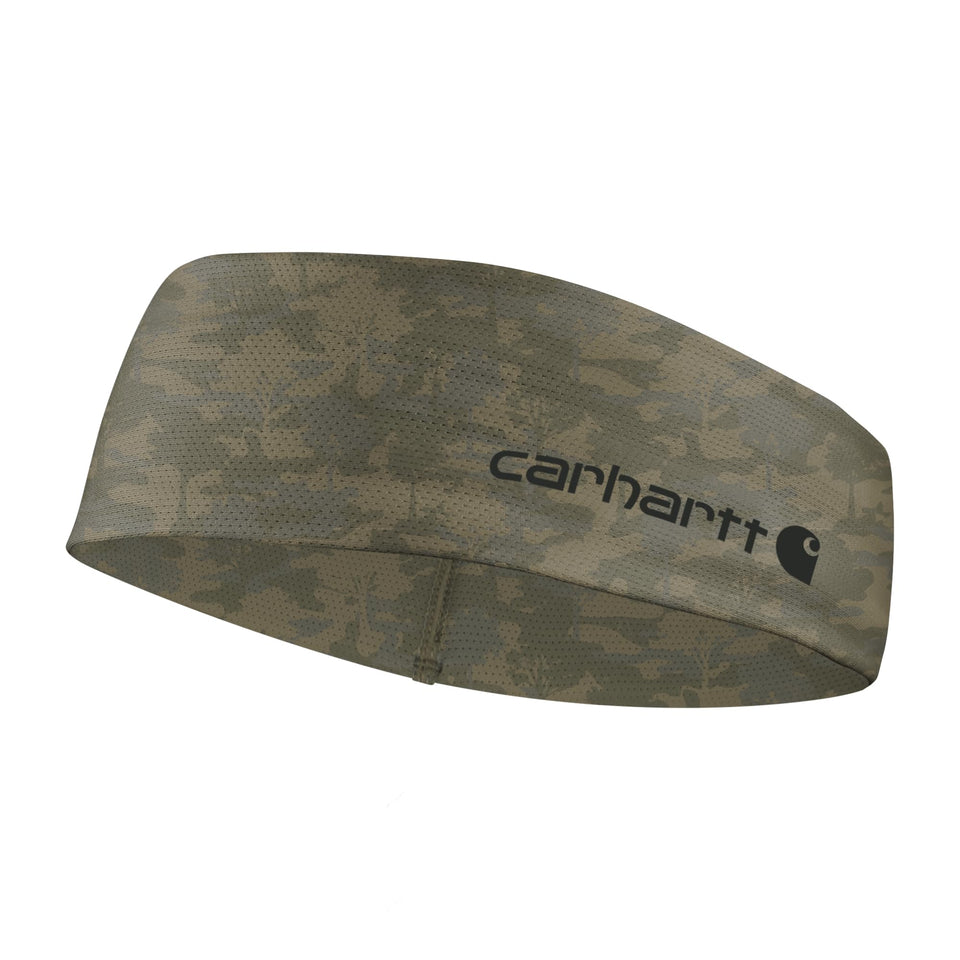 Carhartt headband front view showing tree camo burnt olive and low-profile fit