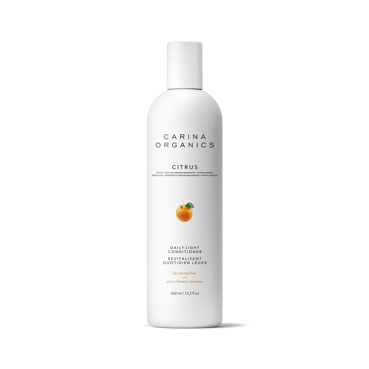 Carina Organics front packaging showing bottle and citrus scent, lightweight conditioning benefit
