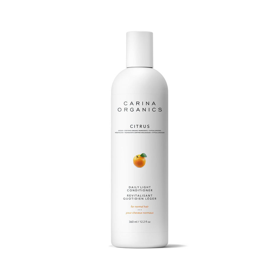 Carina Organics front packaging showing bottle and citrus scent, lightweight conditioning benefit