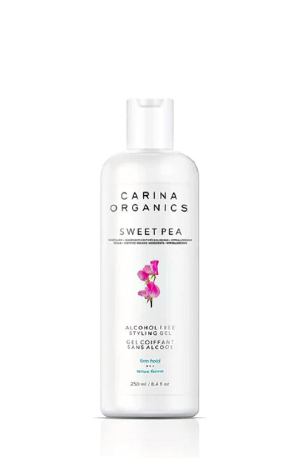 Carina Organics Sweet Pea gel front packaging showing product and natural hold benefit