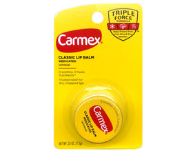 Carmex classic jar front view showing label and pocket-sized benefit