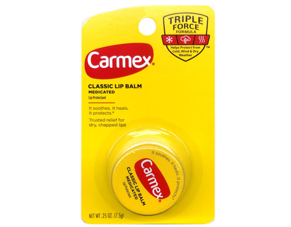 Carmex classic jar front view showing label and pocket-sized benefit