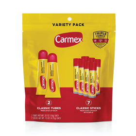 Carmex classic pack front showing tubes and sticks, convenient protection