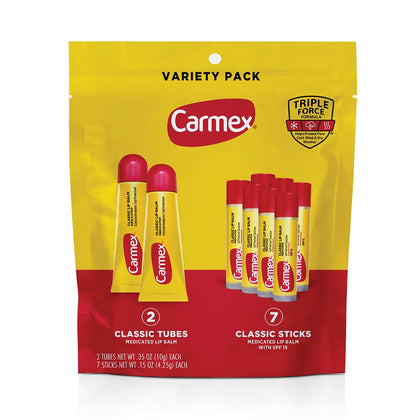 Carmex classic pack front showing tubes and sticks, convenient protection