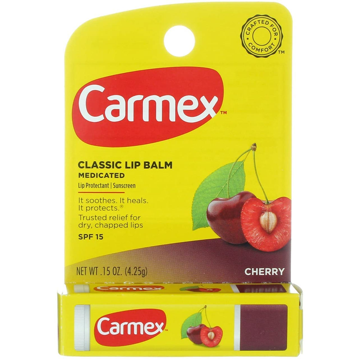 Carmex Click‑Stick cherry in use outdoors showing easy reapplication and sun protection