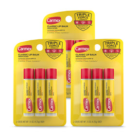 Carmex front packaging showing three packs and product convenience