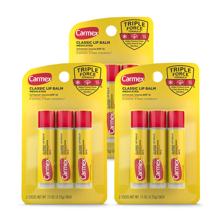Carmex front packaging showing three packs and product convenience