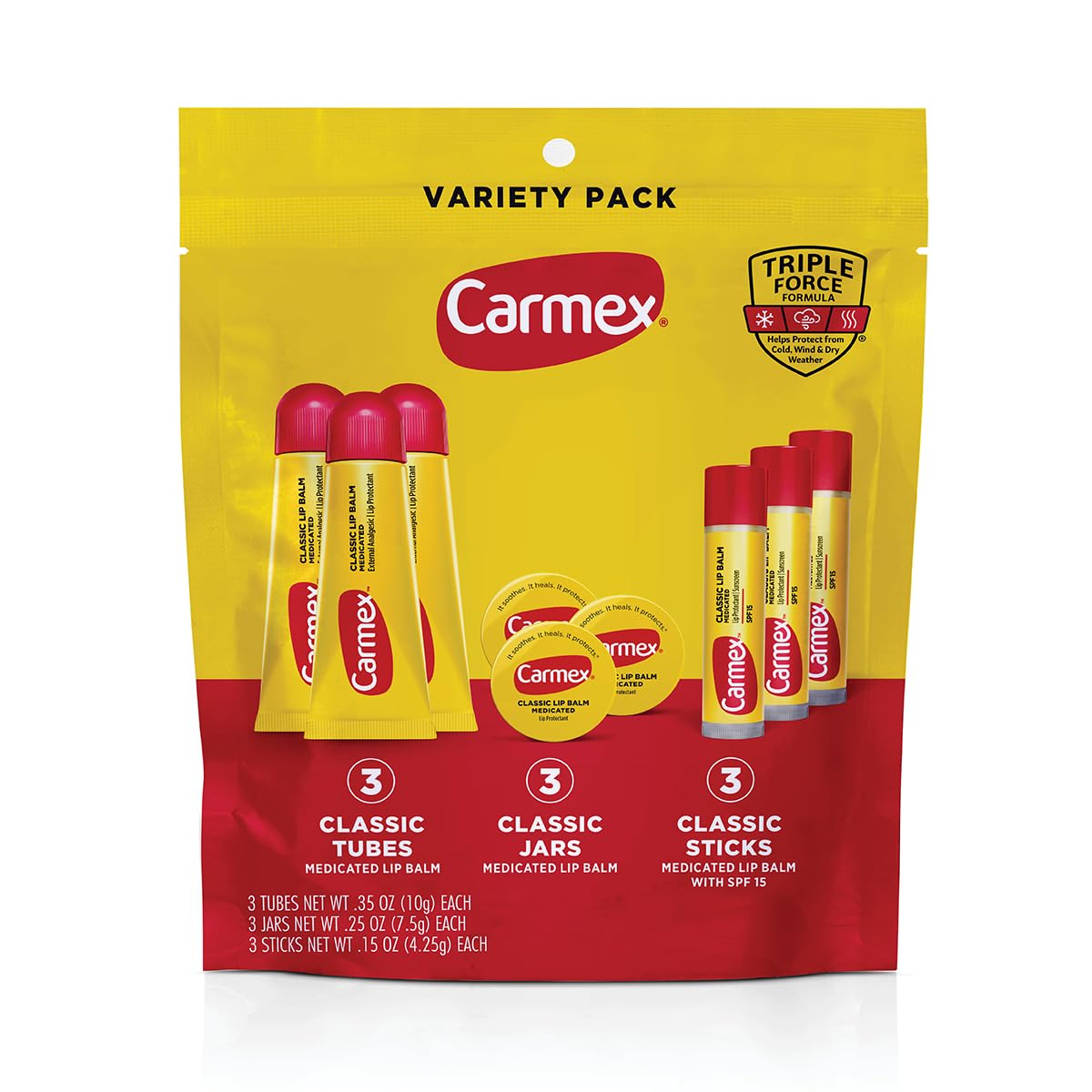 Carmex front packaging showing 9-count variety pack and portability