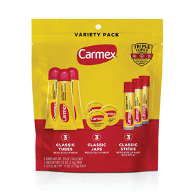 Carmex front packaging showing 9-count variety pack and portability