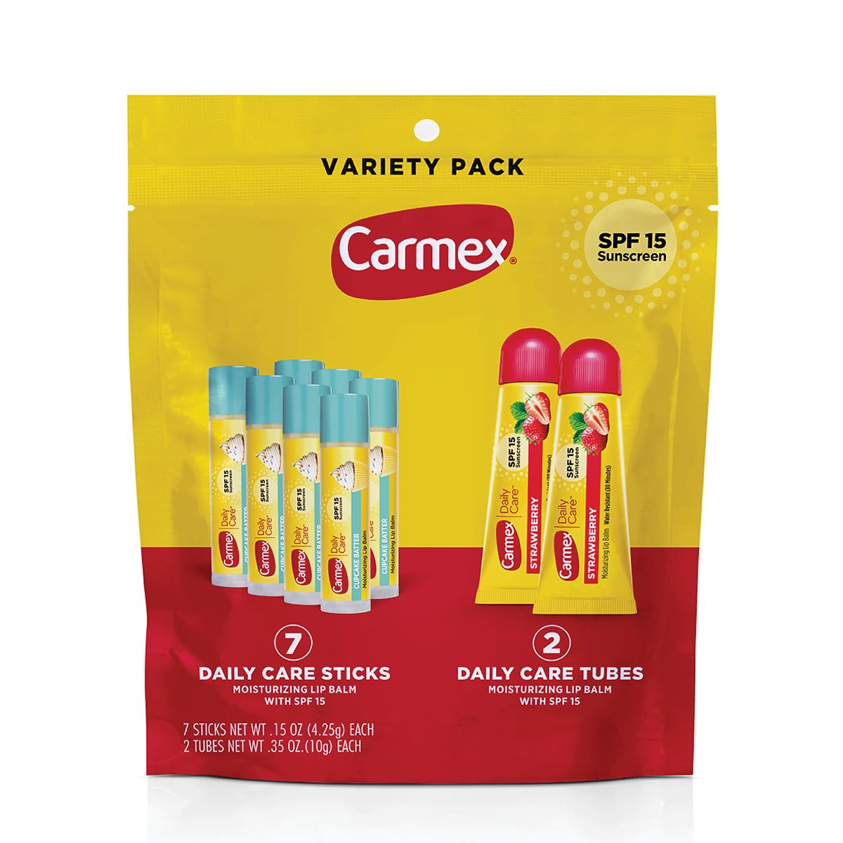 Carmex front packaging bag showing nine-count convenience and SPF benefit