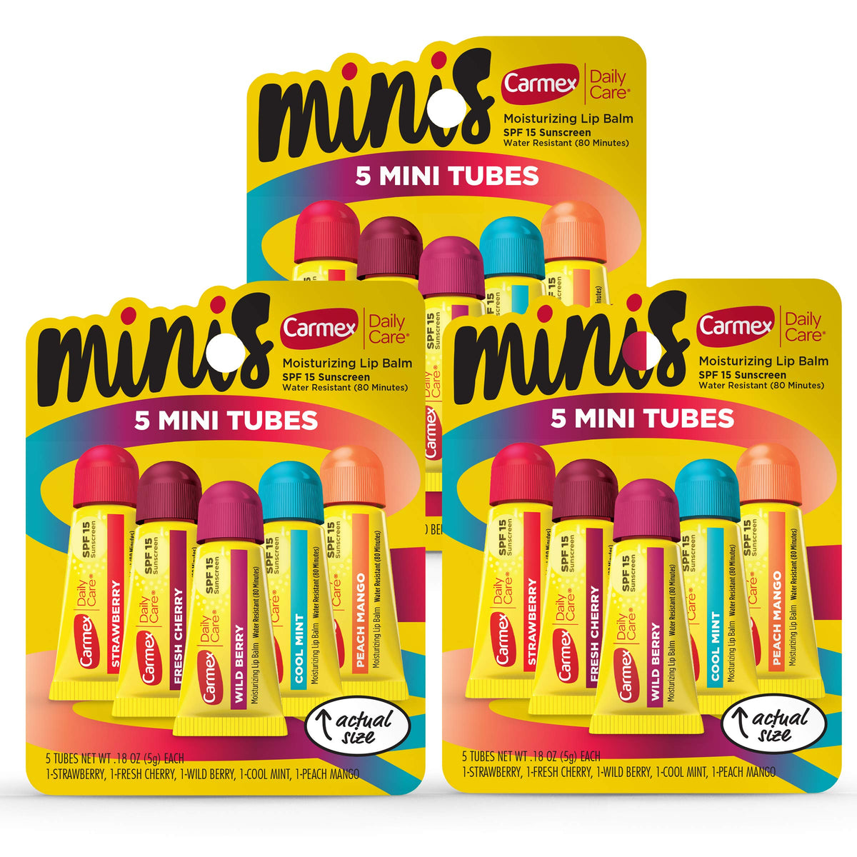 Carmex multi-flavor pack front view showing SPF 15 and count benefit