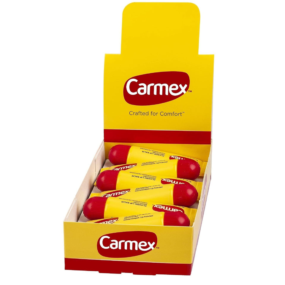 Carmex front packaging tube showing brand and easy squeeze for quick relief