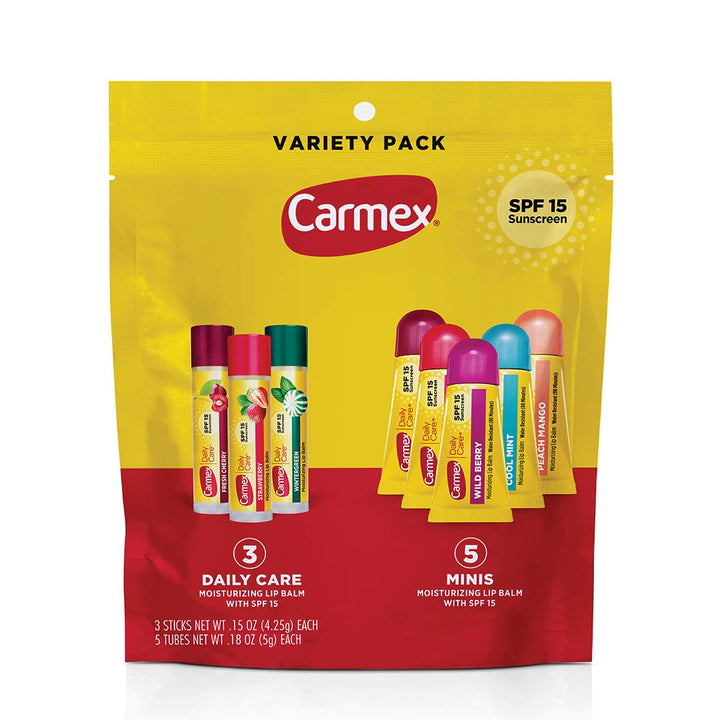 Carmex front packaging showing the 8-count variety bag and convenience