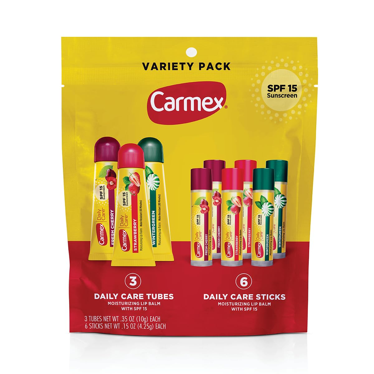 Carmex front pack view showing variety bag and SPF 15 protection