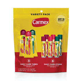 Carmex front pack view showing variety bag and SPF 15 protection