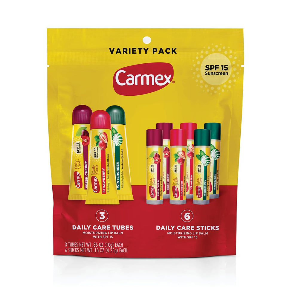 Carmex front pack view showing variety bag and SPF 15 protection