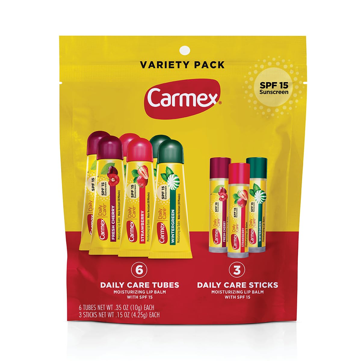 Carmex front packaging showing 9-count variety bag with SPF benefit