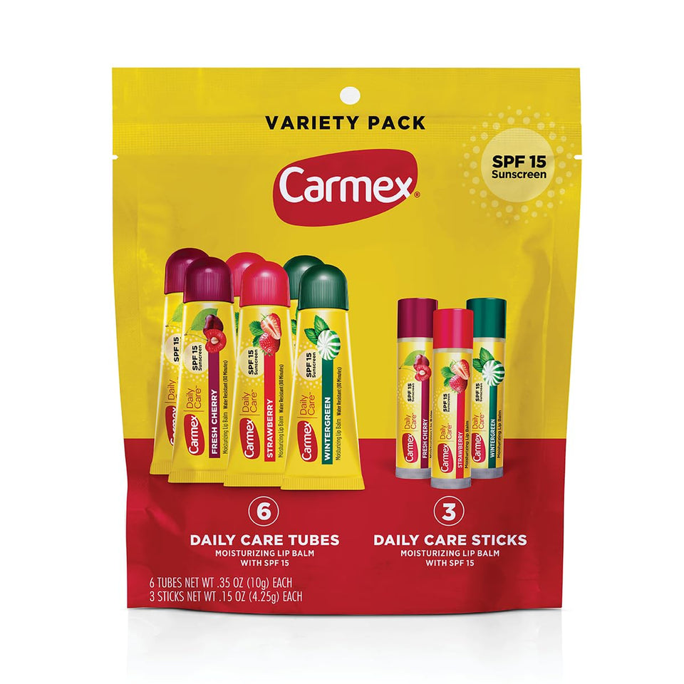 Carmex front packaging showing 9-count variety bag with SPF benefit