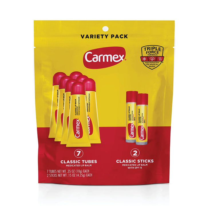 Carmex front packaging showing the 9-count variety bag and product branding for quick ID and convenience