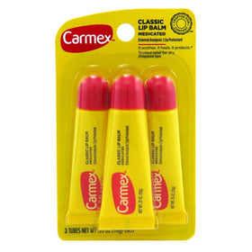 Carmex tube front view showing label and medicated formula benefits
