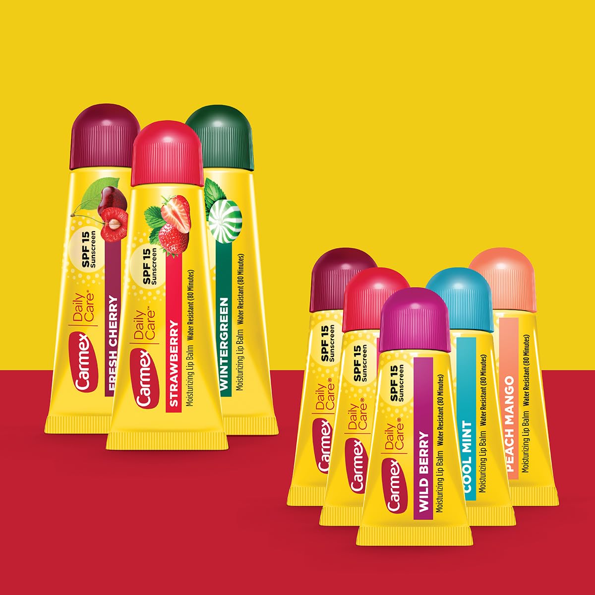 Carmex full-size tubes front label displaying flavor and SPF benefits