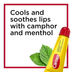 Carmex open cap with balm coming out demonstrating controlled dispense benefit