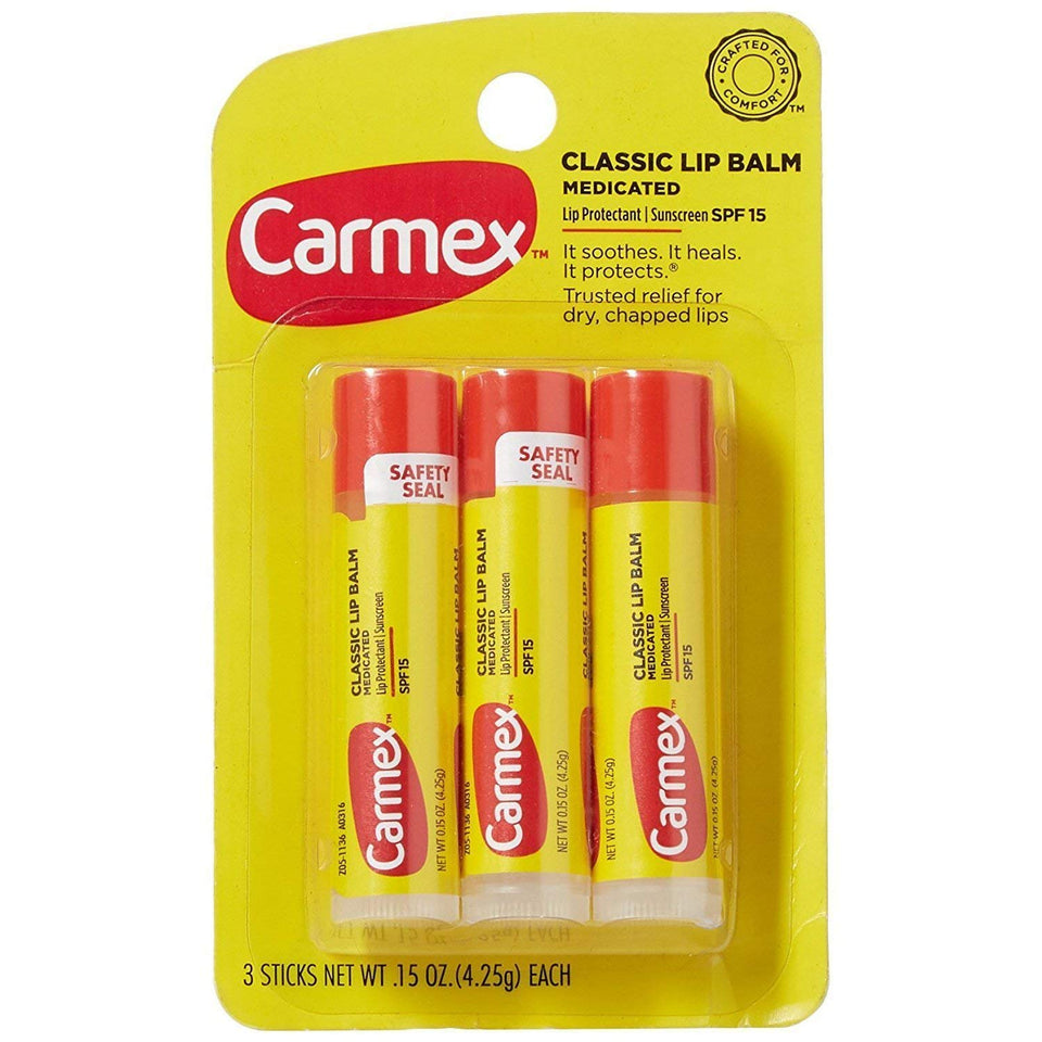 Carmex front packaging showing brand and multi-pack convenience