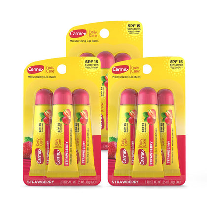 Carmex pack front showing strawberry SPF 15 tubes for portable lip protection