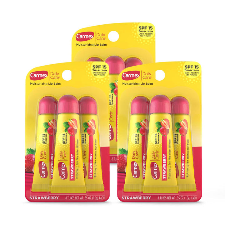 Carmex pack front showing strawberry SPF 15 tubes for portable lip protection