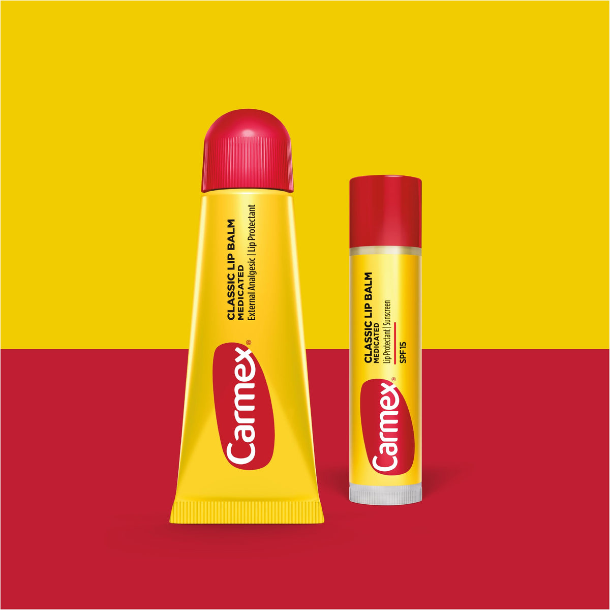 Carmex tub open texture visible, brand soothing moisture benefit