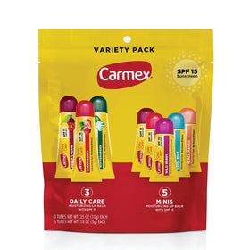Carmex variety pack front bag showing tubes and minis for convenient hydration