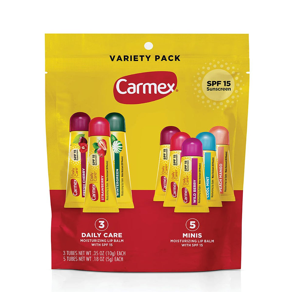 Carmex variety pack front bag showing tubes and minis for convenient hydration