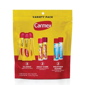 Carmex variety pack front view showing all included products and bag benefit