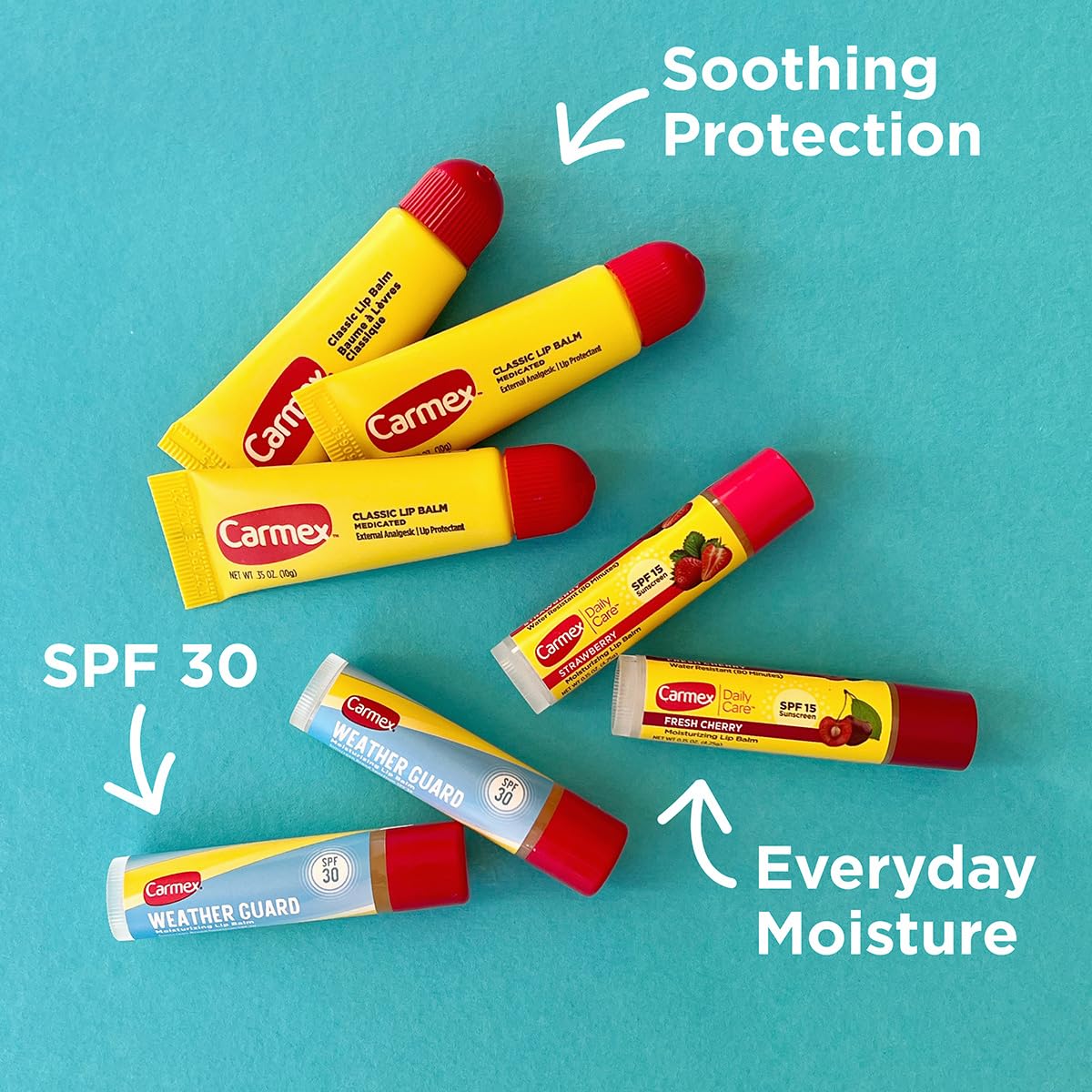 Carmex Weather Guard stick SPF 30 detail showing wind protection benefit