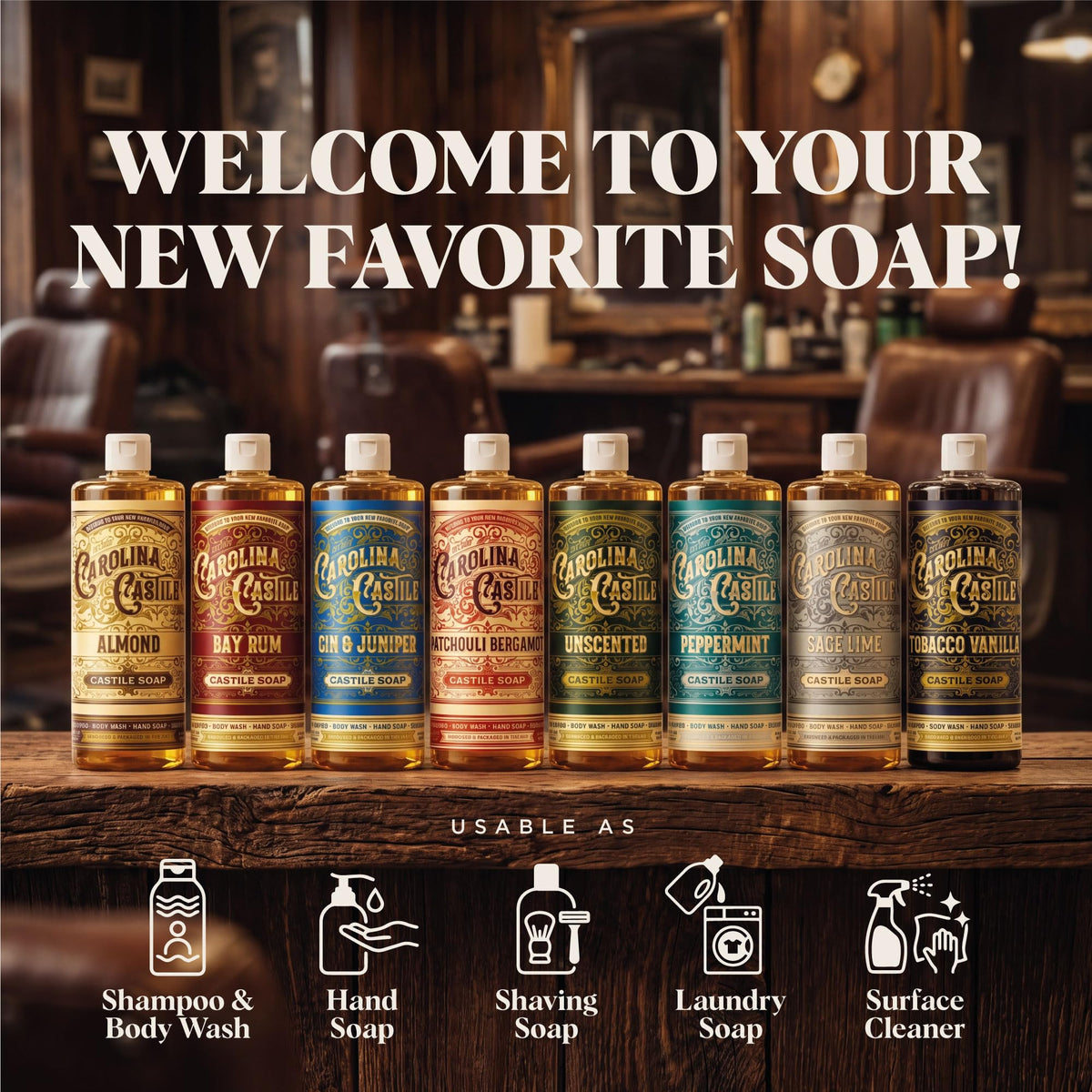 Carolina Castile bottle on bathroom shelf in lifestyle setting for everyday use