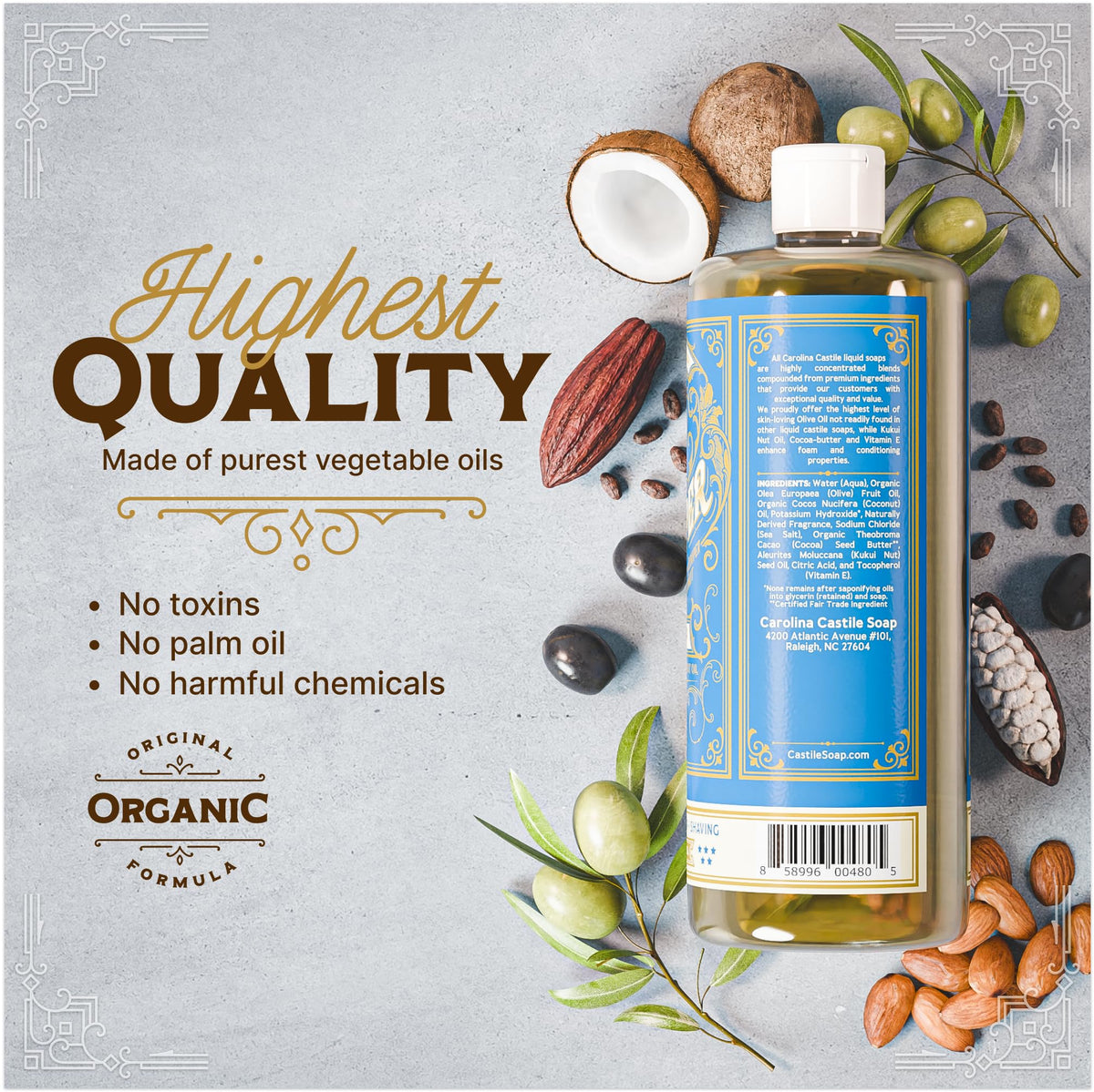 Carolina Castile Soap bottle with ingredients laid out showing organic oils clarity