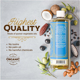 Carolina Castile Soap bottle with ingredients laid out showing organic oils clarity