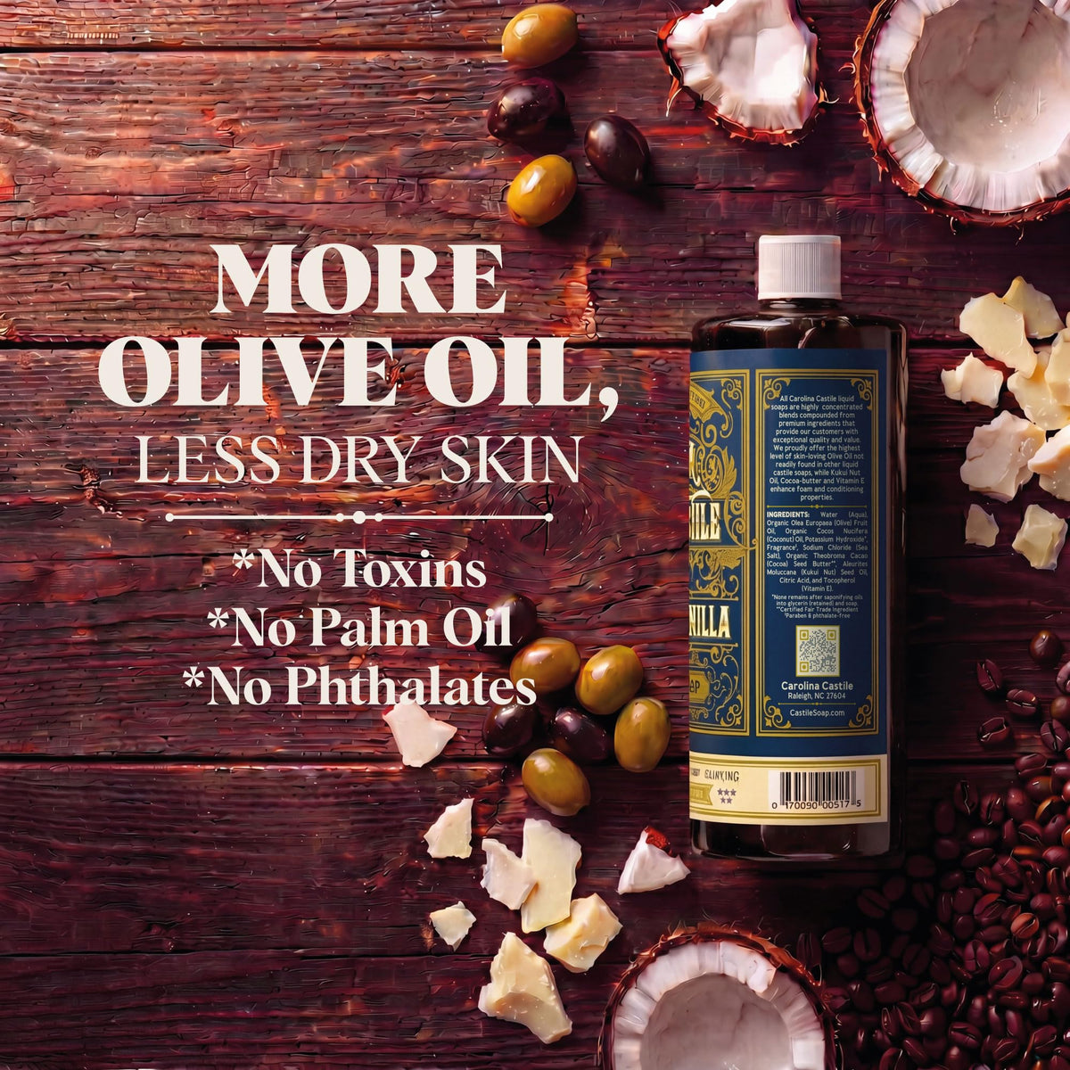 Carolina Castile cocoa butter and kukui nut close-up for skin conditioning