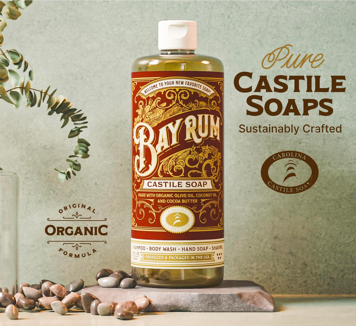 Flatlay of Carolina Castile Soap with olive oil and bay leaf highlighting natural ingredients