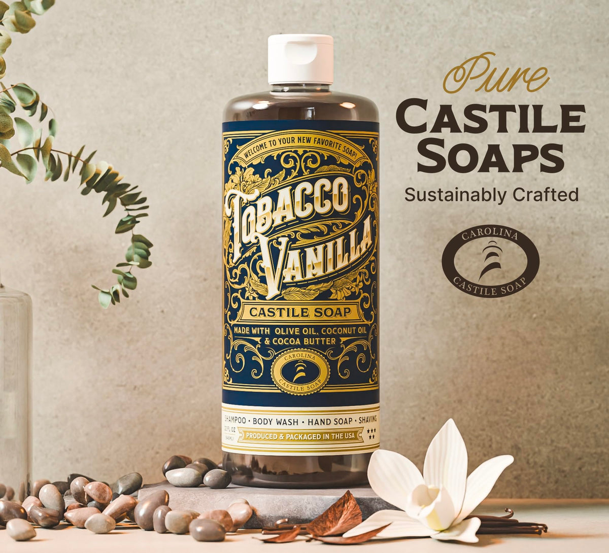 Carolina Castile natural oils ingredients display with olive and cocoa