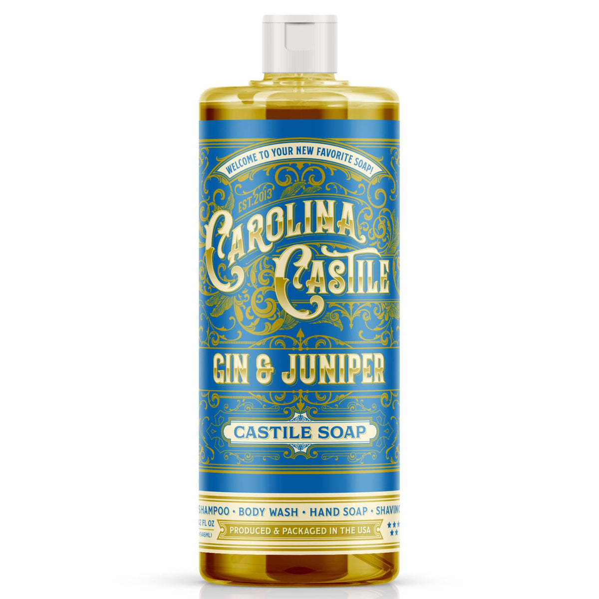 Carolina Castile Soap front label showing gin and juniper scent and organic badge