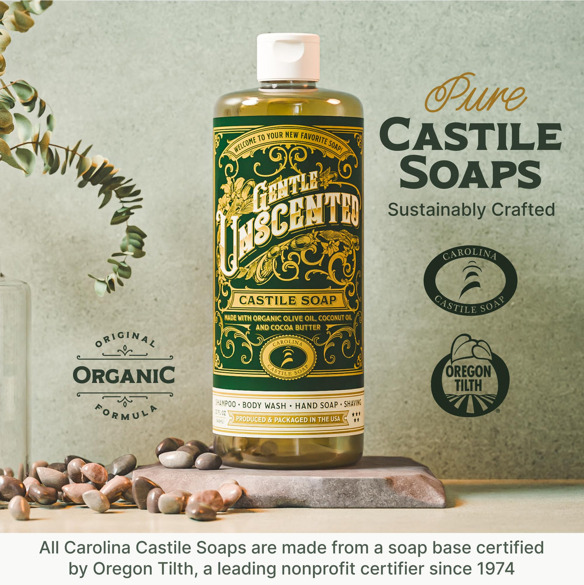 Carolina Castile refilling reusable bottle from gallon showing sustainable refill benefit